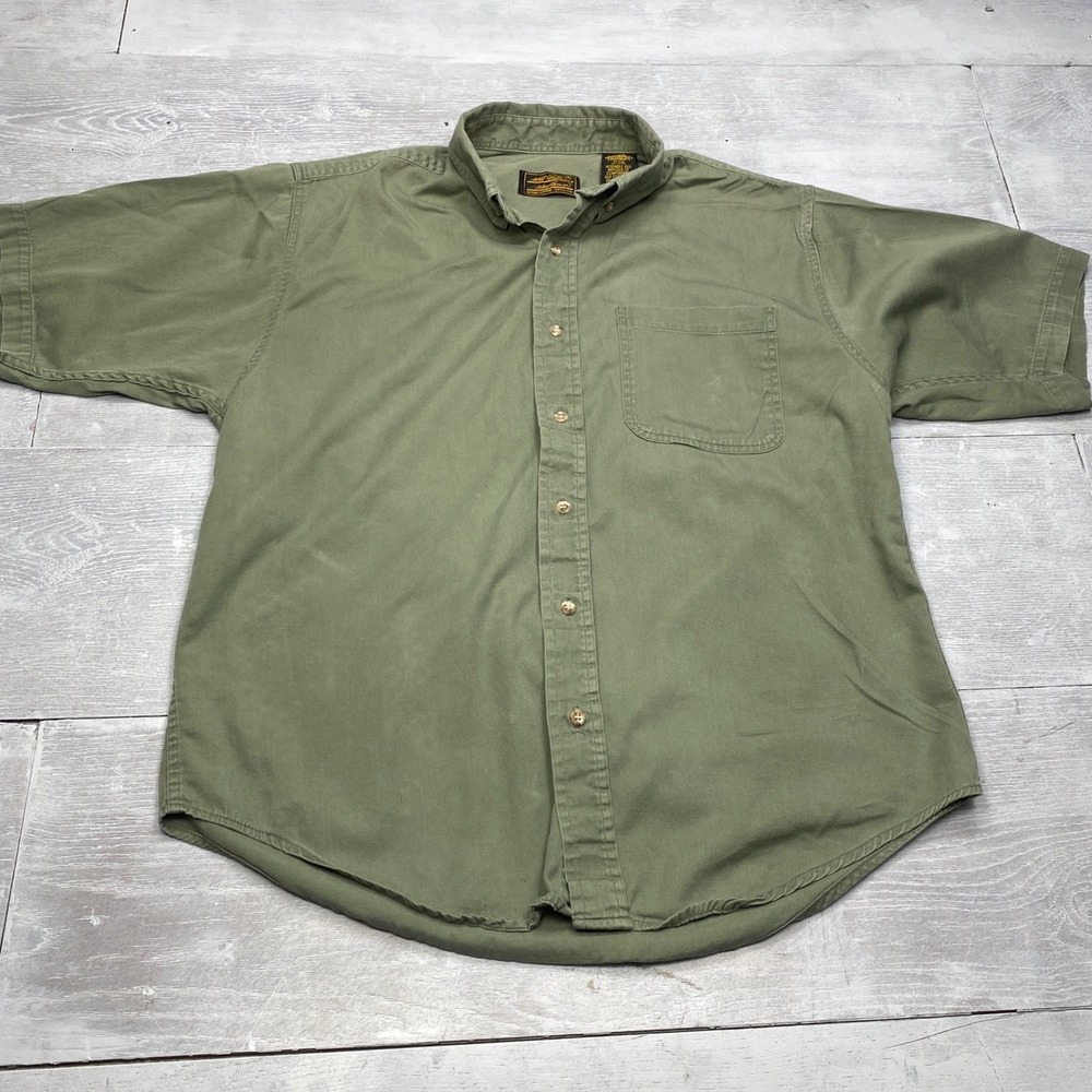 Vintage Eddie Bauer Shirt Men L Green Cotton Canvas Short Sleeve Button Down